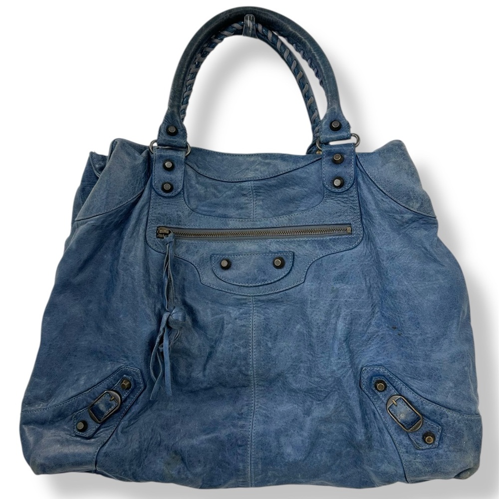 Balenciaga Day Bag 173086 Blue Distressed Leather Hobo Tote